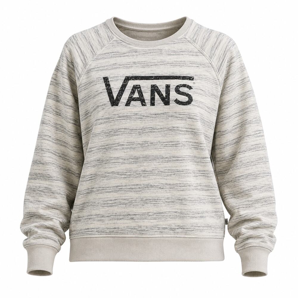 Vans Womens Crewneck Sweatshirt M Gray Marled Striped Logo Pullover Fleece Skate